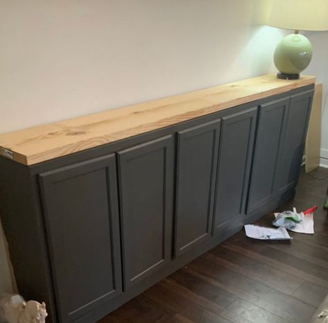 DIY Living Room Sideboard with Stock Cabinets - Live Pretty on a Penny Living Room With Cabinets Storage, Large Cabinet Under Tv, Cabinets Below Tv, Entry Way Buffet Decor, Buffet Diy Sideboard, Diy Cabinet Sideboard, Diy Media Cabinet With Kitchen Cabinets, Diy Long Sideboard, Diy Stock Cabinet Buffet