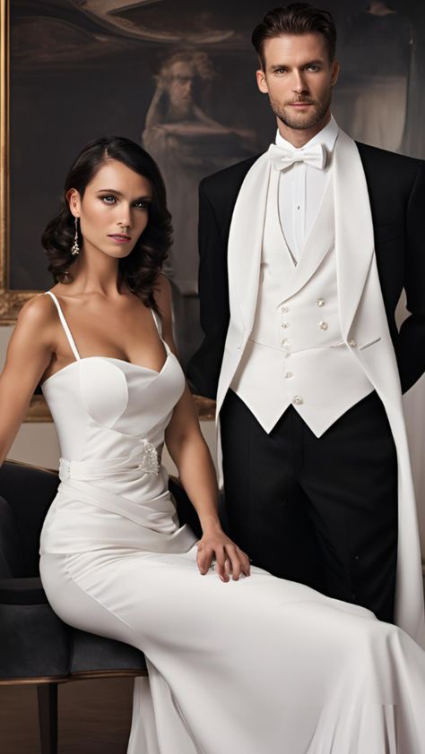 A man in a black tailcoat with a white waistcoat and bow tie, stands next to a woman in an elegant evening gown, showcasing formal white tie attire. White Tie Dress Code Women, White Tie Gown, White Tie Attire, White Tie Dress Code, White Tie Wedding, White Tie Event, White Tie Dress, Christmas Cruise, Black Tie Attire