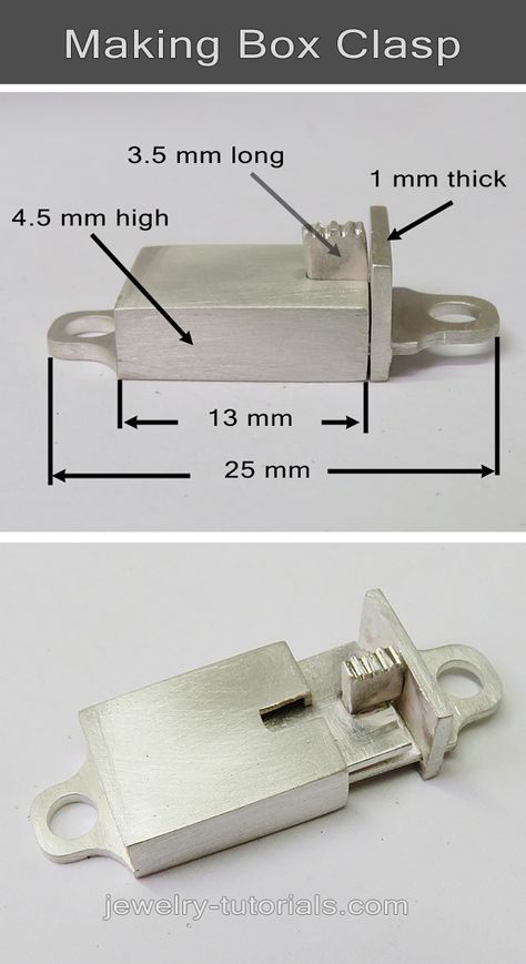 This rectangle box clasp is made to exact measurements. The lip is springy yet fits snug to make a secure clasp for heavy chains such as a curb link chains and bracelets. #jewelrymaking catches and clasps, diy, silversmithing, chain clasp, jewellery findings, jewelers bench Jewelry Knowledge, Jewelry Making Classes, Metalsmithing Jewelry, Soldering Jewelry, Jewelry Workshop, Jewelry Making Project, Jewelry Clasps, Jewelry Making Tools, Jewelry Techniques