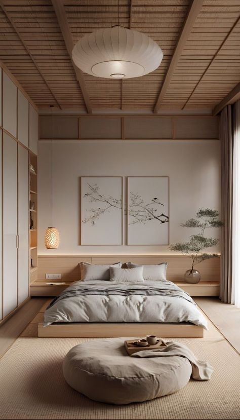 Simple Minimalist Interior Design, Japandi Exterior Paint Colors, Japanese Floor Bed Bedrooms, Minimalist Bedroom Japanese Style, Soft Interior Design Bedroom, Light Japanese Aesthetic, Calming Bedroom Interior Design, Japanese Bedroom Layout, Japan Aesthetic Bedroom Ideas