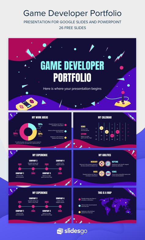 Design a flashy portfolio and showcase your video game projects to impress your recruiters. Editable template in Google Slides & PowerPoint Game Developer Portfolio, Game Designer Portfolio, Game Ppt Template, Game Presentation Design, Gaming Portfolio, Game Design Portfolio, Game Design Document Template, Game Presentation, Gaming Template