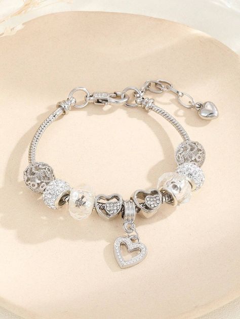 Rhinestone Heart Charm Bead Decor BraceletI discovered amazing products on SHEIN.com, come check them out! Pandora Bracelet Designs, Bracelet Pandora, Bracelets Design, Brass Bracelet, Rhinestone Heart, Hand Jewelry, Pandora Bracelets, Creative Jewelry, Girly Jewelry