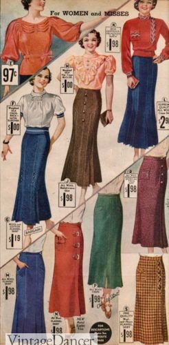 1930s Style Skirts : Midi Skirts, Tea Length, Pleated 30s Outfits, 1930s Outfits, Skirts And Blouses, 1930s Fashion Women, 1930 Fashion, Fashion 30s, 30s Fashion, 20th Century Fashion, Retro Mode