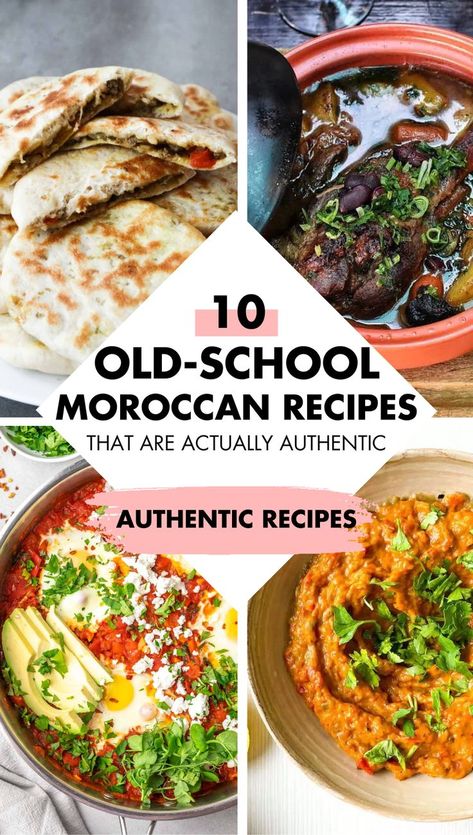 Collage pin image for authentic Moroccan food. It shows two images up top and two images down below. In the middle is a white diamond shape with a title inside. The title reads, "10 Old-School Moroccan Recipes That Are Actually Authentic." Then towards the bottom of the white diamond is a pink paint brush stroke with the words over it, "Authentic Recipes." It also shows recipes like Lamb Shank Tagine. Moroccan Cuscus Recipes, Other Country Recipes, Moroccan Meal Prep, Traditional Moroccan Dishes, Mediterranean Recipes Authentic, Authentic Moroccan Recipes, Moroccan Ramadan Recipes, Moroccan Cuisine Recipes, Moroccan Dishes Food