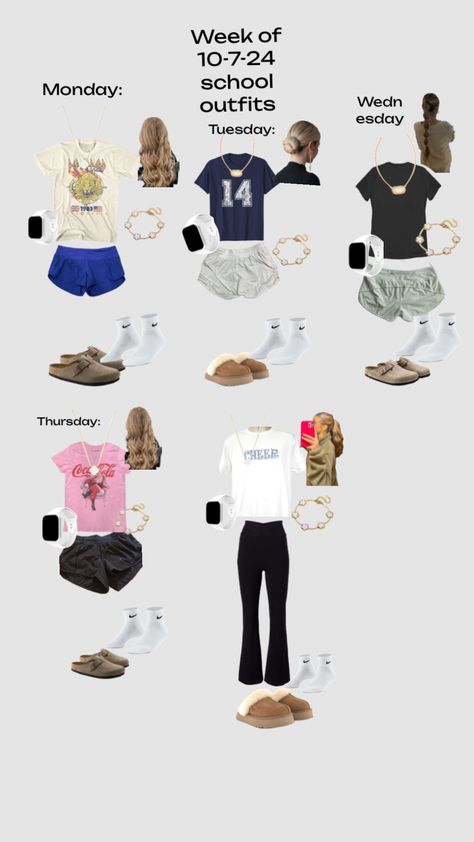 Outfits of the week! Days Of The Week Outfits School, School Dresscode Outfit, Week Outfits For School, Outfits For The Week School, School Outfits Warm Weather, School Outfit Ideas Middle School, Days Of The Week Outfits, Friday Outfits For School, What To Wear To A Bar