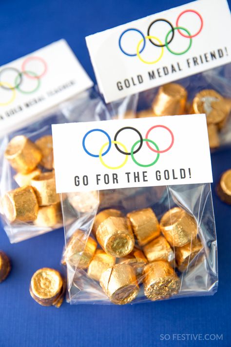 10 Simple Olympic Party Ideas- Go For the Gold Olympic Party Favors- teacher appreciation gifts Olympic Party Games, Olympic Party Decorations, Summer Olympics Party, Pa Week, Vbs Olympics, Olympic Food, Office Olympics, Olympics Decorations, Olympic Theme Party