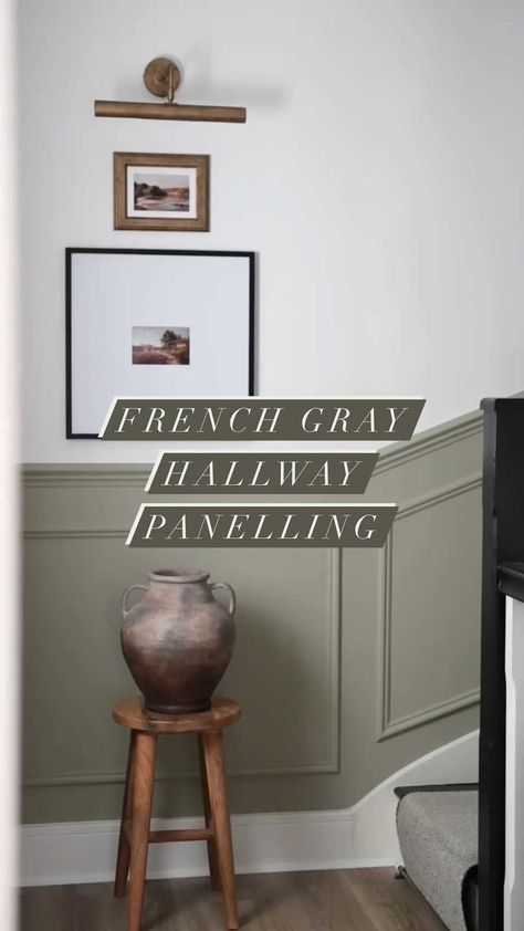 Green Hall Panelling, Sage Wall Panelling, Sage Green Panelling Hallway, Green And Grey Hallway, Green Panelled Hallway, Hallway Farrow And Ball, Hallway Ideas Panelling, Panelling Paint Colours, Green Panelling Hallway