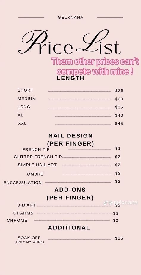 Nail Schedule Ideas, Nail Tech Prices Guide, Nail Business Price List, Nail Tech Information, Acrylic Nails Supplies, Nail Salon Checklist, Nail Prices List For Beginners, Beginner Nail Prices, Acrylic Nail Prices