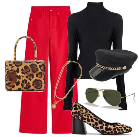 Complete this look with a pair of red wide-leg pants, a black turtle neck, gold accessories, cheetah block heels and a bag, and a Breton cap. Red Wide Leg Pants Outfit, Breton Cap, Snake Pants, Red Wide Leg Pants, Ultimate Capsule Wardrobe, Neutral Shirt, In My Era, Wide Leg Pants Outfit, Black Turtle Neck