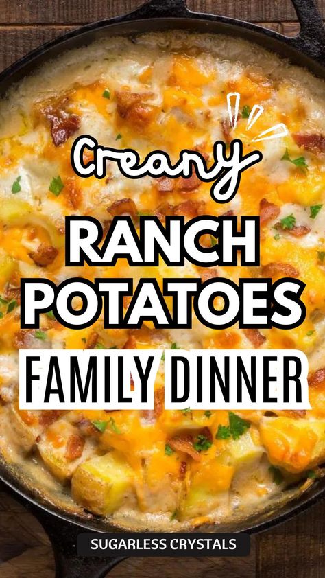 Our Creamy & Chessy Ranch Potatoes are the ultimate crowd-pleaser with oven-baked potatoes smothered in a creamy, ranch sauce and topped with gooey cheddar and crispy bacon! This is the perfect side dish or appetizer everyone will be asking for seconds! Oven Baked Potato Recipes, Oven Cheese Potatoes, Creamy Oven Potatoes, Cheesy Potatoes With Cream Cheese, Potato Side Recipes, Kentucky Potatoes, Ranch And Cheese Potatoes, Potato Dishes For A Crowd, Quick Easy Potato Recipes