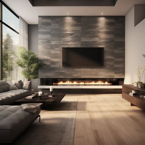 20 Electric Fireplace Ideas with TV Above - HearthandPetals Modern Fireplaces With Tv Above, Modern Fireplace With Tv Above, Fireplace Ideas With Tv Above, Linear Fireplace With Tv Above, Electric Fireplace Ideas With Tv, Fireplace Ideas With Tv, Electric Fireplace Ideas, Big Houses Interior, Electric Fireplace Living Room