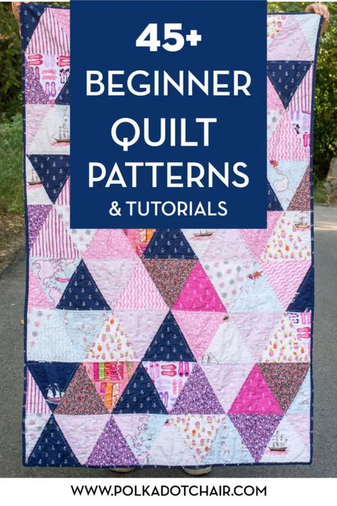 45 + Free quilt patterns for beginning quilters. Learn how to quilt with these cute ideas. #quilts #quilting Beginner Quilt Patterns Free, Triangle Quilt Pattern, Lap Quilt Patterns, Beginning Quilting, Beginner Quilt, Basic Quilt, Quilt Modernen, Tshirt Quilt, Quilting Templates