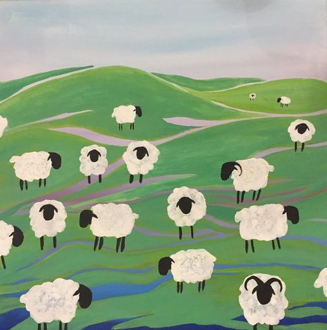 Learn Acrylic Painting, Sheep Paintings, Basic Painting, Retro Painting, Farm Paintings, Large Canvas Painting, Canvas For Beginners, Colorful Paintings Acrylic, Simple Canvas Paintings