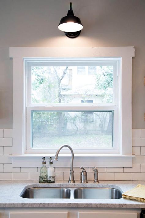 Kitchen Sink Lighting, Farmhouse Trim, Kitchen Sink Window, Interior Window Trim, Interior Design Blogs, Window Casing, Farmhouse Windows, Interior Windows, Kitchen Farmhouse