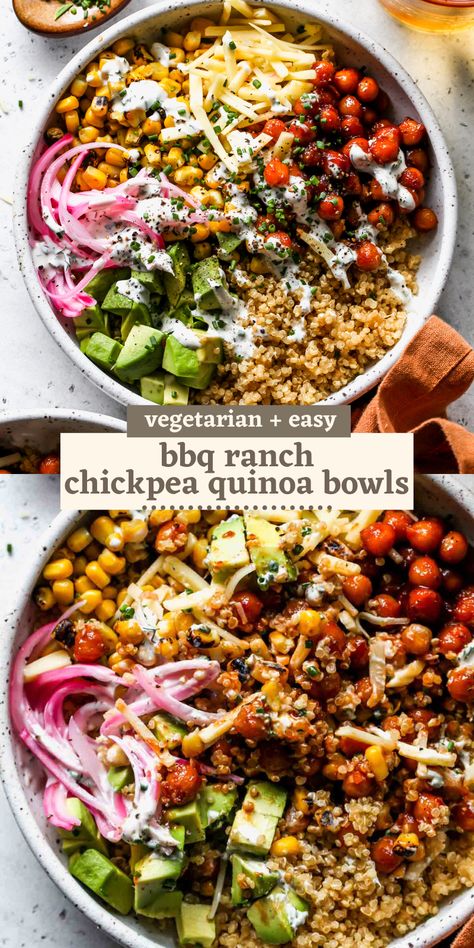 BBQ Ranch Chickpea Quinoa Bowls are perfect for make-ahead lunches. Featuring BBQ-glazed chickpeas, fire-roasted corn, pickled red onions, sharp cheddar, and quinoa with a healthy yogurt ranch dressing. Vegetarian, gluten free, and so flavorful. Ranch Chickpeas, Chickpea Quinoa, Yogurt Ranch, Yogurt Ranch Dressing, Quinoa Bowls, Vegetarian Gluten Free, Healthy Bowls Recipes, Healthy Yogurt, Healthy Bowls