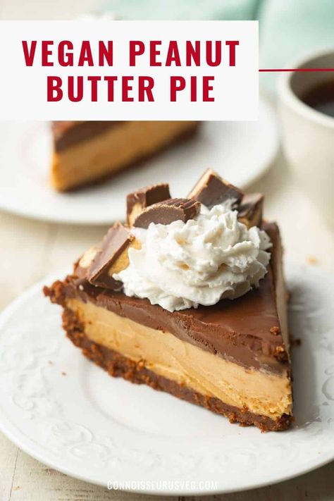 This vegan peanut butter pie is made with a chocolate graham cracker crust, peanut butter mousse filling, and rich chocolate ganache topping. It tastes just like a peanut butter cup! Peanut Butter Mousse Filling, Vegan Peanut Butter Pie, Chocolate Ganache Topping, Vegan Pies Recipes, Chocolate Graham Cracker Crust, Vegan Peanut Butter Cups, Mousse Filling, Vegan Whipped Cream, Peanut Butter Mousse