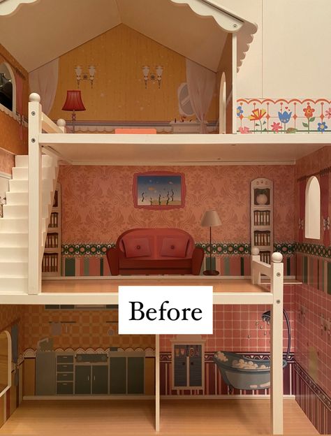 Dolls House Upcycle Ideas, Barbie Doll House Renovation, Wooden Dollhouse Makeover Diy, Dolls House Painting Ideas, Barbie Dollhouse Makeover Diy, Kidkraft Barbie House Makeover, How To Redo A Dollhouse, Upcycle Barbie House, Dolls House Restoration