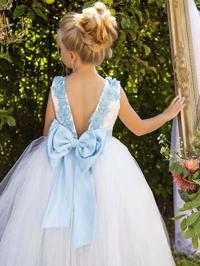 Ball-Gown/Princess Sleeveless Tulle First Communion Dresses Flower Girl Dresses Girls Birthday Dresses Floor-length Scoop Neck Beading Flower Bow Appliques Lace Ivory #226280 - lalamira Tulle Baby Dress, Baby Tulle Dress, Baby In Wedding Dress, Ivory Flower Girl Dress, Baby Blue Weddings, Flower Girl Dresses Blue, Long Flower Girl Dresses, Dress Tutu, Ivory Flower Girl