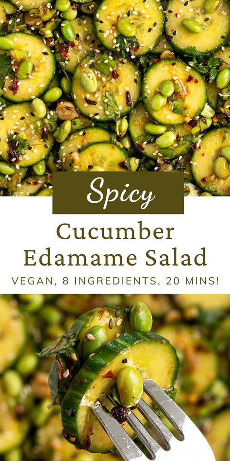 This is the BEST Spicy Edamame Cucumber Salad made with 8 easy ingredients! This Asian cucumber salad is made with rice vinegar, garlic, soy sauce, chili crisp, scallions, & cilantro for a vegan salad that is a refreshing dish when served as a side-dish, appetizer, or a healthy snack. White Bean And Cucumber Salad, Paleo Cucumber Recipes, Cucumber Edamame Salad, Power Salads, Spicy Edamame, Asian Salads, Cucumber Snacks, Spicy Cucumber, Edamame Recipes