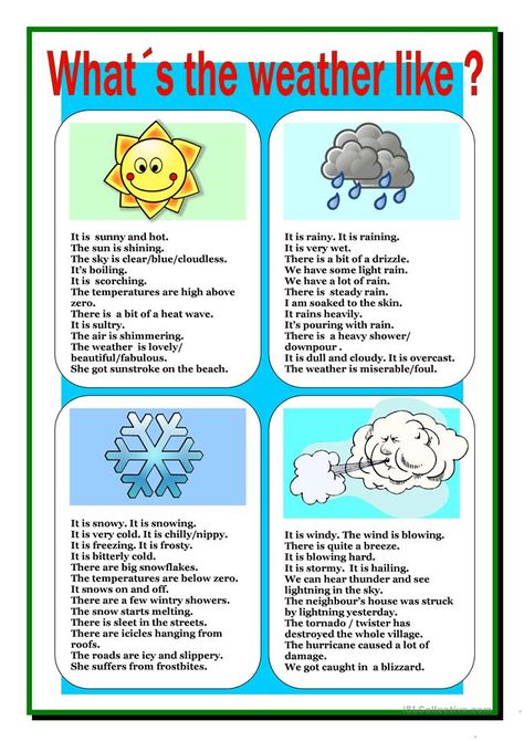 Weather - English ESL Worksheets Weather Esl, Weather In English, Ingles Kids, Teaching Weather, Weather Worksheets, Weather Vocabulary, Weather Words, English Grammar Book, Teaching English Grammar