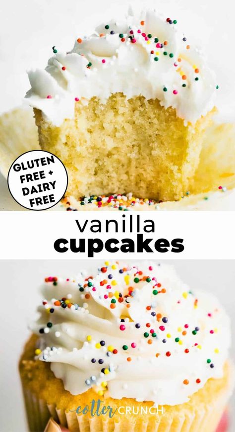 Learn how to make the best Gluten Free Cupcakes recipe! Made with simple ingredients and a natural sugar substitute (monk fruit), these gluten free vanilla cupcakes turn out sweet, moist, and tender everytime. Top them with a homemade dairy free frosting and your favorite toppings for a dessert worthy of birthdays, holidays, or whenever a craving strikes! Simple Buttercream Frosting, Gluten Free Vanilla Cupcakes, Dairy Free Buttercream, Gluten Free Cupcake Recipe, Dairy Free Cupcakes, Gluten Free Cupcakes Vanilla, Funfetti Cupcakes, Dairy Free Pasta, Grain Free Desserts