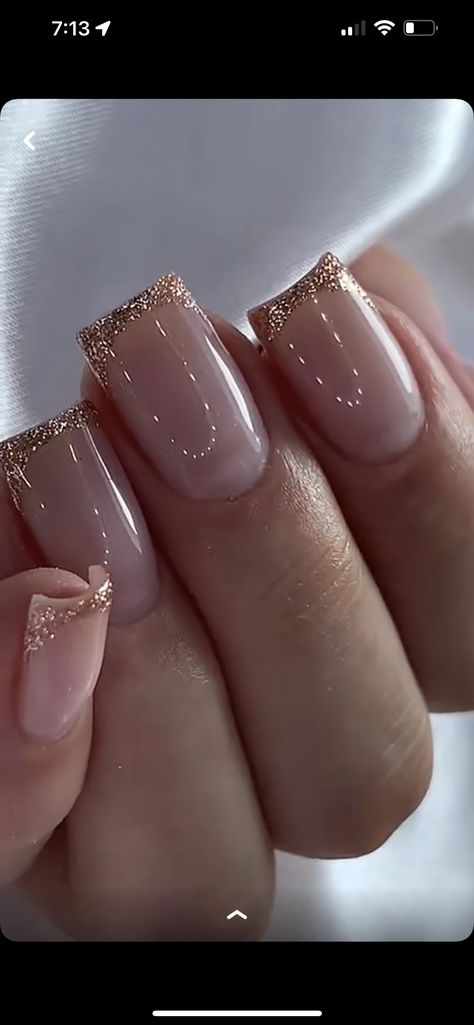 Champagne French Manicure, French Gold Glitter Nails, Gold Glitter Nails Square, Clear Dip Nails With Design, Gold Glitter French Tip Nails Square, Glitter Gold French Tip Nails, Rose Gold Nails French Tip, Gold French Tip Square, French Nails With Gold Glitter