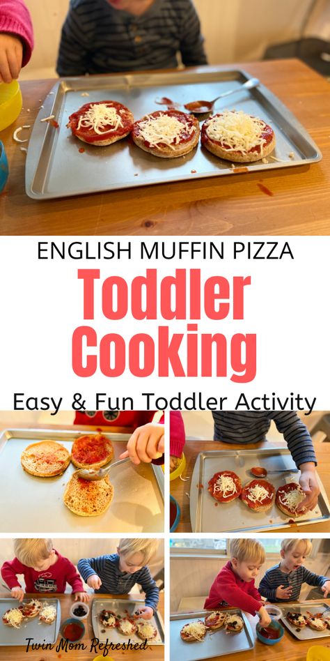 Have your toddler help make their own meal for dinner or lunch with this easy toddler recipe! My twin toddlers love making their own pizzas and they are learning so much such as math skills and life skills from this easy toddler activity! A great cooking activity for toddlers, preschoolers, and kids! Cooking With Toddlers, Preschool Cooking, English Muffin Pizza, Easy Toddler Meals, Baking Easy, Mini Chef, Kids Cooking Recipes, Food Activities, Recipes Baking