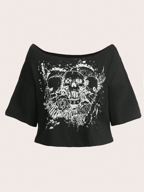 Grunge Punk Skull Graphic Off Shoulder TeeI discovered amazing products on SHEIN.com, come check them out! Prints For T Shirts Graphic Tees, New Trendy Clothes For Women, Scene Crop Top, Off Shoulder T-shirt, Skull Graphic Tee, Cute Graphic Crop Tops, Grunge Shein Outfits, Cute Y2k Shirts, Y2k T-shirts