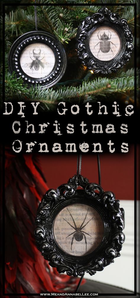 DIY Gothic Christmas Ornaments | Vintage Insect Specimens | Halloween Everyday | Black Baroque Frames | Rub n Buff | Sihouette Sticker Paper | www.MeandAnnabelLee.com Gothic Christmas Ornaments, Gothic Crafts, Diy Gothic, Halloween Christmas Tree, Framed Insect, Goth Things, Gothic Ideas, Annabel Lee, Gothic Christmas