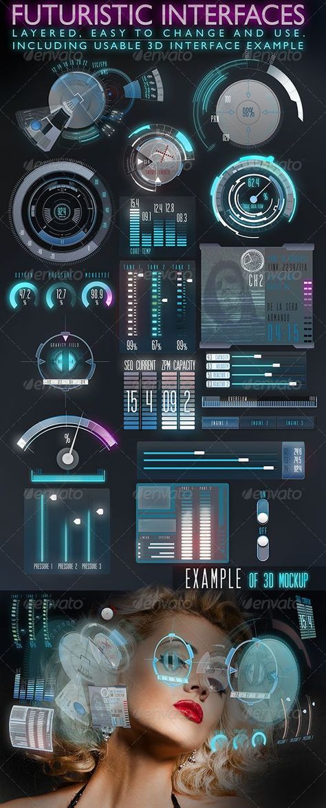 Futuristic Interface (HUD)  - User Interfaces Web Elements game user interface gui ui | Create your own roleplaying game material w/ RPG Bard: www.rpgbard.com | Writing inspiration for Dungeons and Dragons DND D&D Pathfinder PFRPG Warhammer 40k Star Wars Shadowrun Call of Cthulhu Lord of the Rings LoTR + d20 fantasy science fiction scifi horror design | Not Trusty Sword art: click artwork for source Web 3.0 Design, Game Ui Design User Interface, Futuristic Interface, Futuristic Hud, Hud Design, Hud Elements, Sci-fi Ui, Ui Design Mobile, 3d Templates