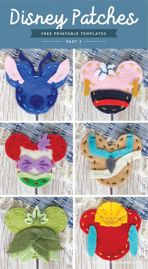 FREE DIY Disney Patches – Part 2 - Designs By Miss Mandee. This is such a cute craft to do to get ready for a Disney trip! Really affordable too. Download the printable templates and create your own Disney patches! Create Stitch, Mulan, Ariel, Pocahontas, Tiana, and Kuzco. #Disney #DisneyDIY #DisneyCraft #DisneyVacation #liloandstitch #Mulan #Ariel #TheLittleMermaid #Pocahontas #Tiana #PrincessandtheFrog #Kuzco #TheEmperorsNewGroove #DesignsByMissMandee Disney Diy Crafts, Disney Christmas Decorations, Disney Mouse Ears, Cute Craft, Crafts For Teens To Make, Disney Patches, Diy Disney, Disney Ornaments, Disney Mouse