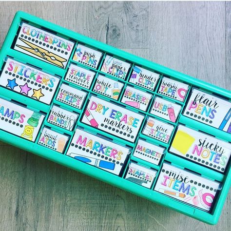 Teacher Organizer Drawers, Labeling Your Tools, Teacher Tool Box Organization, Classroom Toolbox Organizer, Teacher Toolbox Ideas, Diy Teacher Desk Ideas, Teacher Treasure Box Ideas, Teacher Supply Organization, Teacher Tool Box