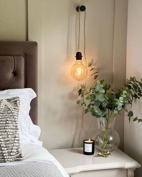 Bedroom Hanging Side Lights, Hanging Lamp In Bedroom, Hanging Light Over Nightstand, Hanging Lights In Bedroom Pendant Lamps, Bedroom Spotlights Ideas, Hanging Lights Bedside, Dangling Lights In Bedroom, Plug In Hanging Light Bedrooms, Plug In Pendant Light Bedroom Ideas