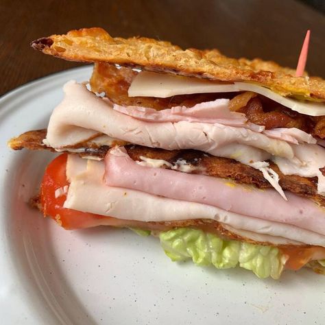 This super easy keto bread recipe has a surprise ingredient: Pork King Good Pork Rind Crumbs! Simple to make, you can turn this versatile bread into the keto sandwich of your dreams! In this version, we stuffed it with turkey, ham, bacon, cheese, lettuce, and tomato to make the ultimate low carb club sandwich! Keto Sandwich Bread, Keto Pork Rinds, Pork Rind Recipes, Keto Sandwich, Easy Keto Bread Recipe, Best Low Carb Snacks, Pork Rind, Turkey Club, Sandwich Bread Recipes