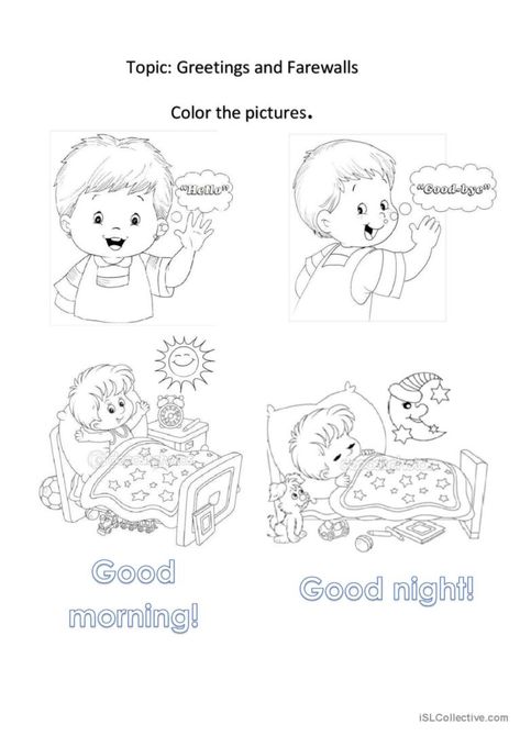 The objective of the worksheet is to identify greetings and farewalls. It is a coloring activity, there are greetings like: hello!, Good bye, good morning and good night. Greeting Worksheet For Kids, Greetings Worksheets For Kindergarten, Greetings Worksheets For Kids, Greetings Activities For Kids, Greeting Worksheet, Greetings Worksheets, Basic English For Kids, English Classes For Kids, Ingles Kids