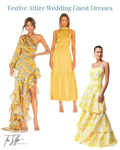 Festive Attire Dress Code, Festive Dress Code, Yellow Wedding Guest Dress, Yellow Wedding Guest Dresses, Rehearsal Dinner Outfits, Festive Attire, Dress Code Wedding, Festive Wedding, Dress Attire