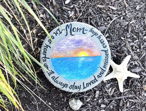 Hand Painted Memorial Rocks, In Memory Painted Rocks, Memorial Rocks Painted, Memorial Stones Diy, Information Writing, Ocean Purple, Painted Stepping Stones, Sunset Over Ocean, Painted Sunset