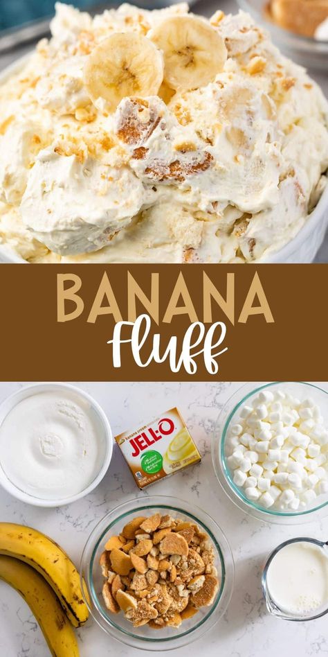 Banana Pudding Fluff is a dessert salad - it's banana fluff and a banana pudding recipe all in one! Vanilla Fluff, Banana Pudding Fluff, Banana Fluff, Pudding Fluff, Fluff Salads, Fluff Salad Recipes, Easy Banana Pudding, Fluff Salad, Banana Pudding Recipe