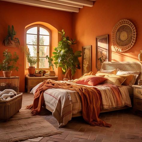 Orange Bedroom Walls, Mediterranean Room, Mediterranean Bedroom, Orange Rooms, Wellness Selfcare, Mediterranean Interior, Personalized Bedroom, Unique Bedroom, Bedroom Orange