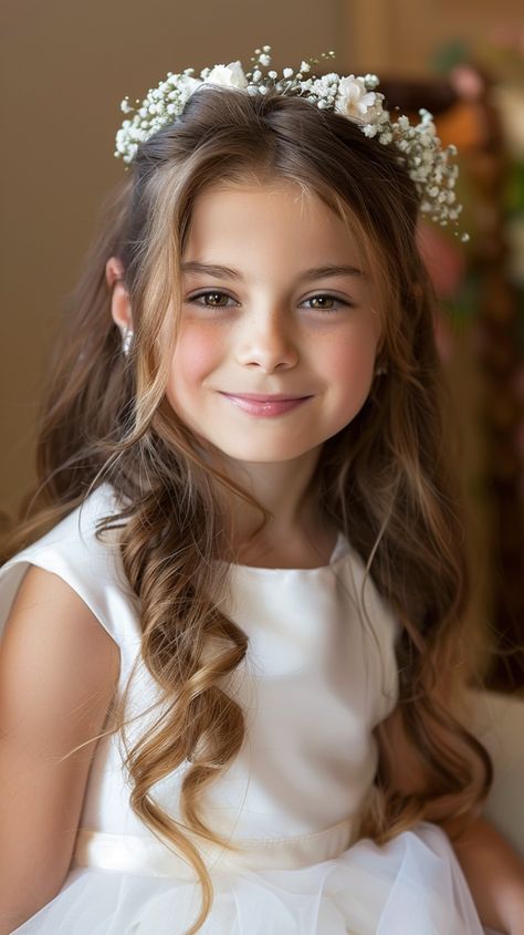 Crown Hairstyles: A Sophisticated Touch for Any Event Childs Bridesmaid Hair, Flower Girl Makeup Kids, Kid Wedding Hair, Flower Girl Hairstyles With Flower Crown, Girls Wedding Hairstyles Kids, Flower Girl Hairstyles Toddler, Flower Girl Hair Styles, Kids Wedding Hairstyles, Wedding Hairstyles For Kids