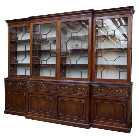 Mahogany Chippendale Period Breakfront Bookcase | From a unique collection of antique and modern bookcases at https://www.1stdibs.com/furniture/storage-case-pieces/bookcases/ Demilune Cabinets, Dental Molding, Mahogany Paneling, Breakfront Bookcase, Mahogany Bookcase, Georgian Furniture, Bookcases For Sale, Antique Furniture For Sale, Adam Style