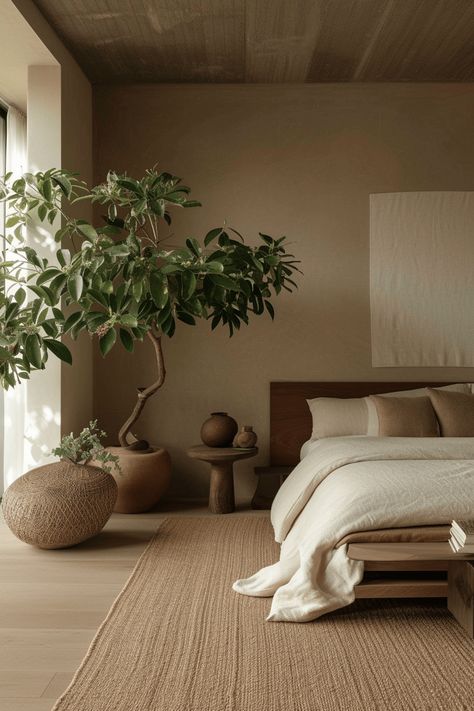 37+ Earthy Modern Bedroom Ideas to Make You Feel Grounded Green And Walnut Bedroom, Earthy Luxury Bedroom, Natural Interior Design Earth, Earthy Tones Interior, Earth Tones Interior, Natural Minimalist Home, Earth Tones Bedroom, Earthy Modern Bedroom, Minimalistic Furniture