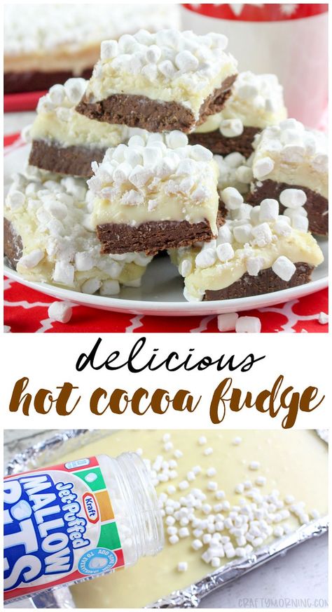 Make some hot cocoa fudge for the winter time or christmas! Fun fudge recipe to bring to parties. Hot chocolate fudge idea. Little marshmallows make these adorable to put on a plate. Winter christmas dessert idea #hotcocoa #hotchocolate #fudge #chocolatefudge #fudgerecipes #chocolatedesserts #chocolaterecipes #craftymorning