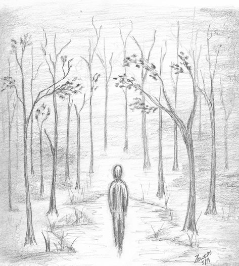 Inspired by Derk Hess. #alone #dark #lost #woods #forest #pencil #surreal #abstract #art #sketch #solitude #serine #quite Lost Person Drawing, Distant Trees Drawing, Lost Sketch Ideas, Easy Forrest Drawing, Lost In The Woods Drawing, Lost Sketch Drawings, Person In Forest Drawing, Dark Woods Drawing, Drawings Of Forest