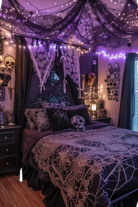 Goth Witch Bedroom Aesthetic, Dark Boho Goth Decor, Dark Goth Bedroom Aesthetic, Bedroom Ideas Witch Aesthetic, Gothic Home Decor Diy Bedroom, Goth Apartment Decor Bedroom, Goth Home Decor Diy Bedroom, Dark Colors Bedroom, Girly Gothic Bedroom