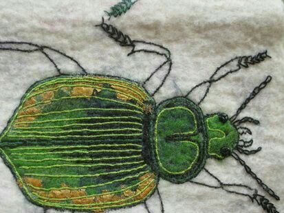 Insect Textiles, Helen Richardson, Embroidered Beetle, Textile Art Projects, Green Beetle, A Level Textiles, Beetle Insect, Contemporary Textiles, Insect Art