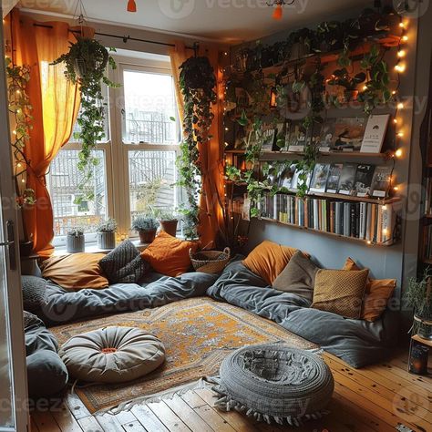 AI Generated Bohemian reading nook with floor cushions tapestries Earthly Living Room, Bohemian Floor Cushions, Boho Reading Nook Cozy Corner, Bohemian Reading Nook, Chill Corner In Bedroom, Floor Reading Nook, Living Room Floor Cushions, Meditation Room Ideas, Meditation Nook