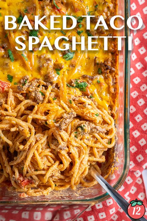 Baked Taco Spaghetti | 12 Tomatoes Baked Taco Spaghetti Recipe, Easy Taco Spaghetti Bake, Taco Spaghetti Bake Ground Beef, Taco Spaghetti Casserole Bake, Taco Casserole Bake With Noodles, Baked Taco Spaghetti Easy, Mexican Baked Spaghetti, Spaghetti Taco Casserole, Cheesy Taco Spaghetti