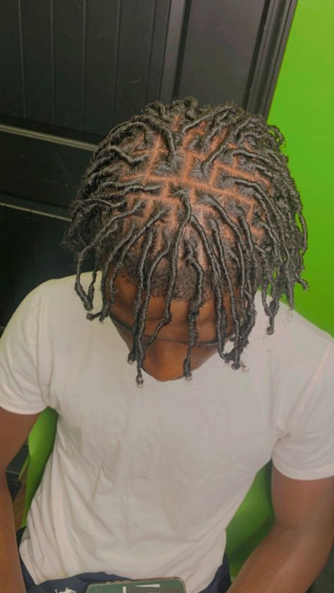 Starter Locs For Men Black Man, Starter Locs Hairstyles Men, Coils Starter Locs Men, Free Parts Locs, No Middle Part Locs Men, Men’s Starter Loc Styles, Starter Locs Small Parts, Started Locs Styles For Men, Dreads Starting Locs