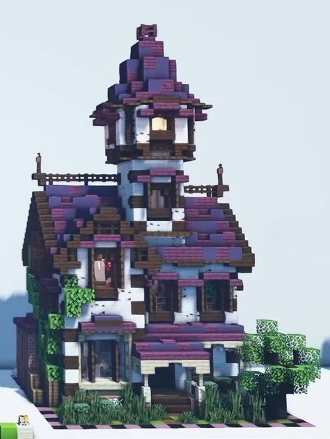 Minecraft End Themed House, Minecraft Amythest House Ideas, Enderman Themed House Minecraft, Castle Minecraft Aesthetic, Oh The Biomes Youll Go Minecraft House, Minecraft Castle Base Ideas, Minecraft Magical Builds House, Mc Building Ideas Aesthetic, Witch Hat House Minecraft